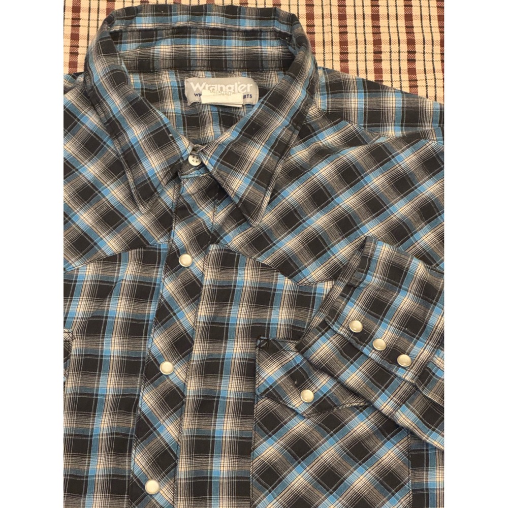 Wrangler Wrancher Pearl Snap Button Up Shirt Mens 2XT Blue Black Plaid Tall